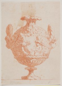 Sierlijke vaas met twee hoofden en twee putti. Kopie naar pl. 19 in de suite van de in 1746 door Saly getekende vazen. "Vasa a se inventa..." door Jacques Francois Joseph Saly