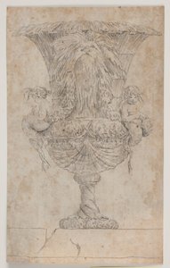 Sierlijke vaas met twee putti (zeemeerminnen?). Kopie naar gravure (pl. 9) in de suite van de in 1746 door Saly getekende vazen. "Vasa a se inventa..."