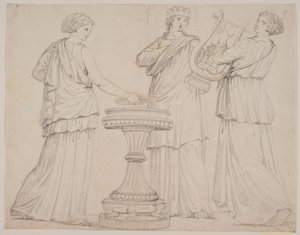 Drie vrouwen in Griekse gewaden bij een altaar. Vrouw links met een tablet (?), in het midden met een kroon, rechts met een lier (terpsichore?)