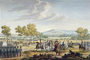 De keizerlijke garde manoeuvreert in aanwezigheid van de twee keizers in Tilsit, 28 juni 1807, gegraveerd door Edme Bovinet
