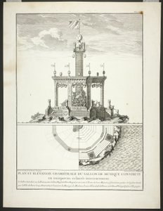 Plan and Elevation of a Music Room, plaat drie uit Description des Festes Données par la Ville de Paris door Jacques François Blondel
