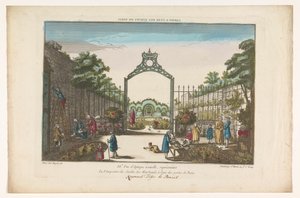 Gezicht op de Jardin des Marchands te Parijs door Jacques Gabriel Huquier