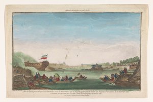 Gezicht op de Port des Invalides te Parijs met het aflopen van het Parijse fregat op 18 februari 1761 door Jacques Gabriel Huquier