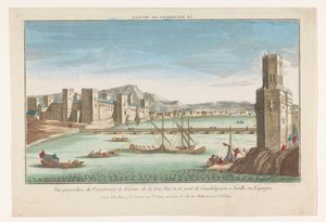 Gezicht op de wijk Triana, een brug over de rivier de Guadalquivir en de Torre del Oro te Sevilla door Jacques Gabriel Huquier