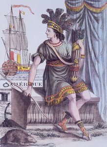 Titelpagina van de Encyclopedie van Reizen door Jacques Grasset de Saint-Sauveur, allegorie van Amerika door Jacques Grasset de Saint Sauveur