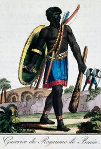 Krijger uit Benin Afrika, gravure uit Reizende encyclopedie door Jacques Grasset de Saint Sauveur