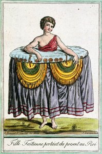 Jonge vrouw biedt geschenken aan de koning, Tahiti, Genootschapseilanden, gravure uit Encyclopedie van reizen, door Jacques Grasset de Saint-Sauveur door Jacques Grasset de Saint Sauveur