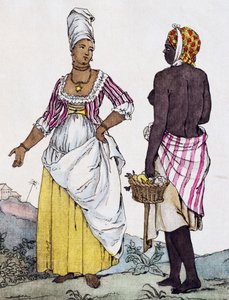 Zwarte vrouw en mulattin van Santo Domingo, kleurgravure naar tekening van Labrousse