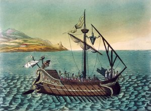 Duilius Corvus op Romeinse galei oorlogsschip, door Jacques Grasset de Saint-Sauveur, gravure uit het oude Rome