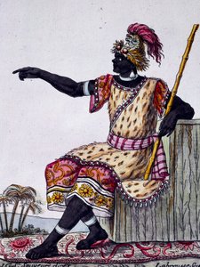 Koning van Loango, kleurgravure naar tekening door Labrousse (actief 1796), uit Encyclopedie van reizen, door Jacques Grasset de Saint-Sauveur (1757-1810)