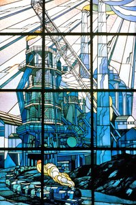 Nancy, Art Nouveau, Glas-in-loodramen door Jacques Gruber, bij het hoofdkantoor van Pont a Mousson, av. de la liberation
