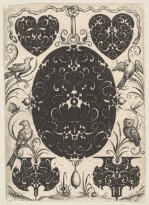 Ovale Hanger Versierd met Schweifwerk, Omgeven door Kleinere Motieven en Vier Vogels, ca. 1614-19 door Jacques Hurtu