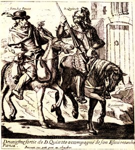 Don Quichot op Rossinante, vergezeld door Sancho Panza op zijn ezel Grison, ca. 1640 (illustratie) door Jacques Lagniet