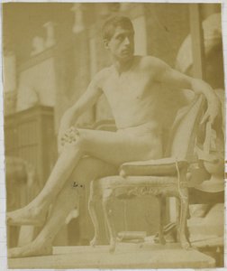 Studie van een mannelijk naaktmodel, zittend op een fauteuil en op de rug gezien door Jacques Lalaing (attributed to)