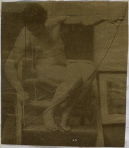 Studie van een mannelijk naaktmodel, zittend op een trapje, van voren gezien met touw en boog op schoot door Jacques Lalaing (attributed to)