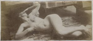 Studie van een vrouwelijk naaktmodel, liggend op een tijgervel, in het atelier van Jacques de Lalaing