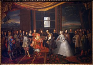 Dertigjarige Oorlog: Ontmoeting van de koning van Frankrijk Lodewijk XIV en Filips IV van Spanje op het eiland van de Paisans op 7/11/1659 door Jacques Laumosnier