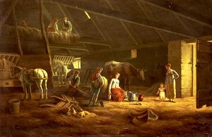 Een melkmeid, boerenknechten en ploegpaarden in een schuur door Jacques Laurent (circle of) Agasse