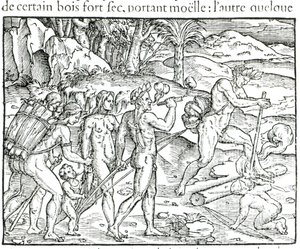 Inheemse Indianen die Vuur Maken na de Jacht, gegraveerd door Theodor de Bry (1525-75) door Jacques Le Moyne