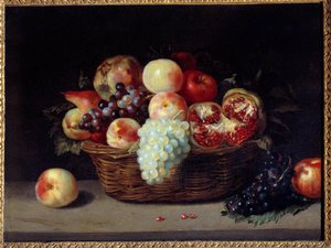 Mand met granaatappels, perziken en druiven