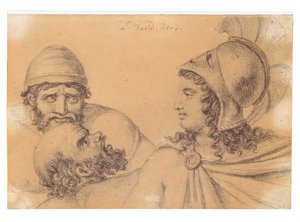 Dutch: Krijger met helm en twee gebaarde mannen Helmeted Warrior with two bearded Men door Jacques Louis David