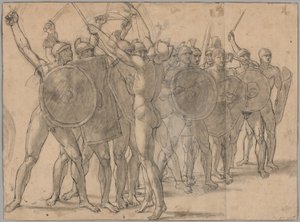 Naakte soldaten gebarend met hun wapens (recto); Twee draperiestudies voor de figuur van Tatius (verso) door Jacques Louis David