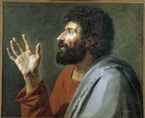 Portret van een man met een hand in de lucht