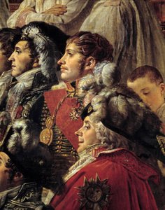 De Rite van Napoleon. Detail met Auguste Jean-Gabriel de Caulaincourt, Eugène Rose de Beauharnais en Charles Maurice de Talleyrand tijdens de kroning van Keizer Napoleon door Jacques Louis David