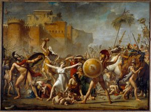De Sabijnen die tussen hun Romeinse echtgenoten (rechts) en hun Sabijnse broers (links) komen en hun kinderen tonen. door Jacques Louis David
