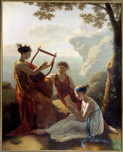 Griekse dichteres Sappho speelt lier met twee van haar metgezellen