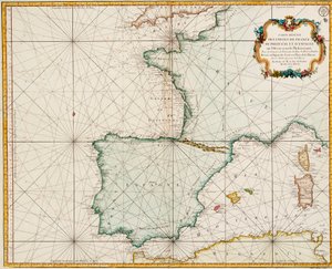 Kaart van West-Europa met de Parijse meridiaan als de Prime door Jacques Nicolas Bellin