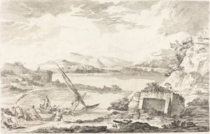 Uitzicht op de Oude Haven van Phaleron, Athene door Jacques Philippe LeBas after Julien David Le Roy