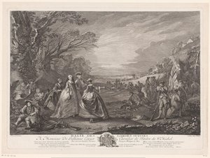Landschap met vier figuren een bezoek brengend aan een legerkamp