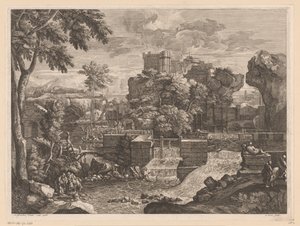 Rivierlandschap met de Heilige Familie op de vlucht naar Egypte door Jacques Prou