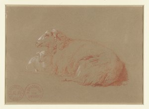 Liggend schaap met lam door Jacques Raymond Brascassat