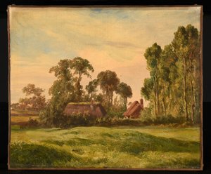 Landschap met uitzicht op een boerderij door de bomen