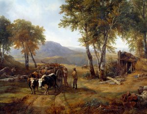 De houthakkers in het bos (detail). Schilderij door Raymond Brascassat (1804-1867) 1832 Nantes, Musée des Beaux Arts