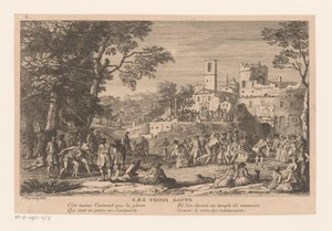 Landschap met groep mensen, kijkend naar een wedstrijd verspringen door Jacques Rigaud