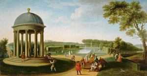 Het theater van de koningin vanuit de Rotunda, Stowe House, Bucks, met Lord Cobham en Charles Bridgeman