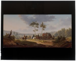 Ruiters begeleiden een wagenkolonne door Jacques Swebach Desfontaines