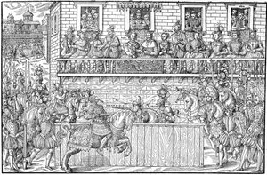 Het toernooi waar Henri II dodelijk gewond raakt, 1559 door Jacques Tortorel