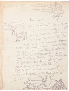 Handgeschreven brief met tekeningen door Jacques Vache