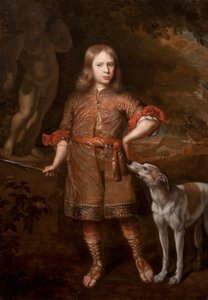 Portret van een jongen als jager met een windhond, midden jaren 1670