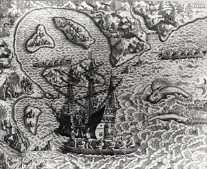 Johannes Staden Komt aan op een Onbekend Eiland en Ontdekt dat de Portugezen er al Zijn, uit Americae, Geschreven en Gegraveerd door Theodor de Bry door Jacques d.158788 after Le Moyne