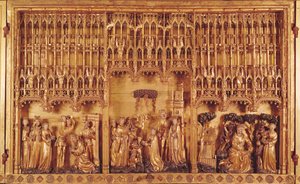 Altaarstuk van heiligen en martelaren, centraal paneel de onthoofding van St. Johannes de Doper, het martelaarschap van St. Catharina van Alexandrië en St. Barbara en de verleiding van St. Antonius, c.1391 door Jacques de Baerze or Baers