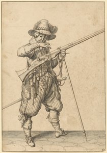 Een soldaat op wacht die de wedstrijd blaast door Jacques de Gheyn II