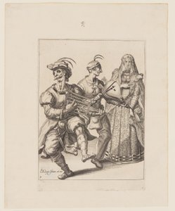 Een gesluierde vrouw met twee muzikanten die een rooster en een blaasbalg bespelen, uit De maskerades door Jacques de Gheyn II