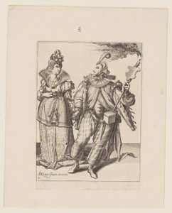 Een vrouw geleid door een speler met een fakkel, uit De maskerades door Jacques de Gheyn II