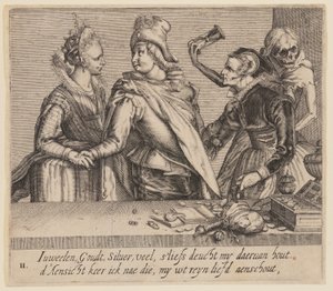 Een jonge man tussen een jonge vrouw en een oude vrouw, uit Unequal Lovers door Jacques de Gheyn II