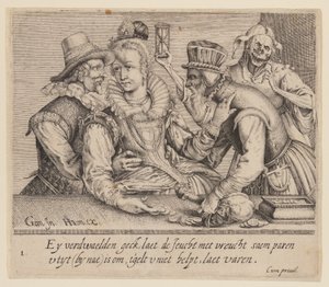 Een jonge vrouw tussen een jonge man en een oude man, uit Unequal Lovers door Jacques de Gheyn II